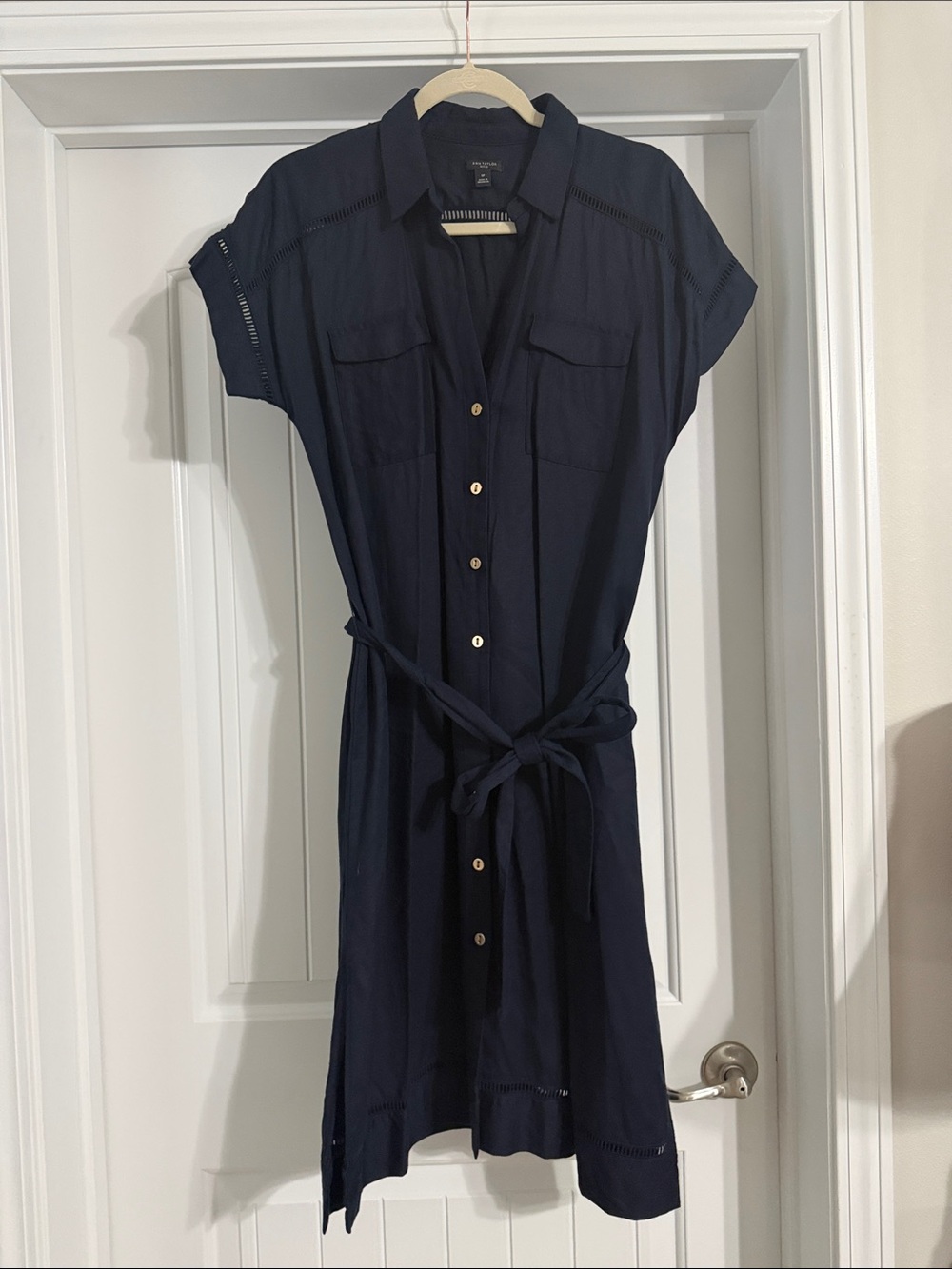 Ann Taylor Navy Tie Waist Shirt Dress